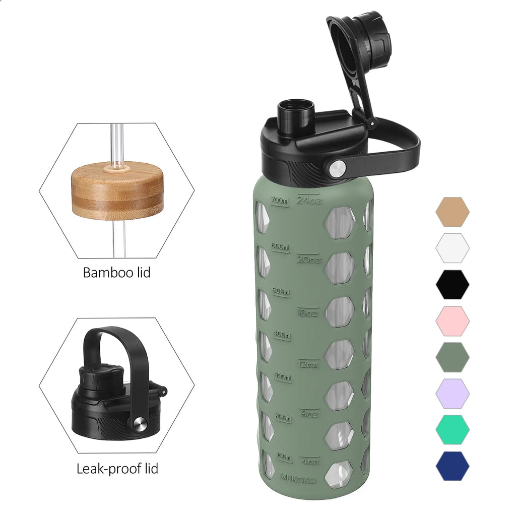 24oz Glass Water Bottle with 2 Lids and Silicone Sleeve E72335