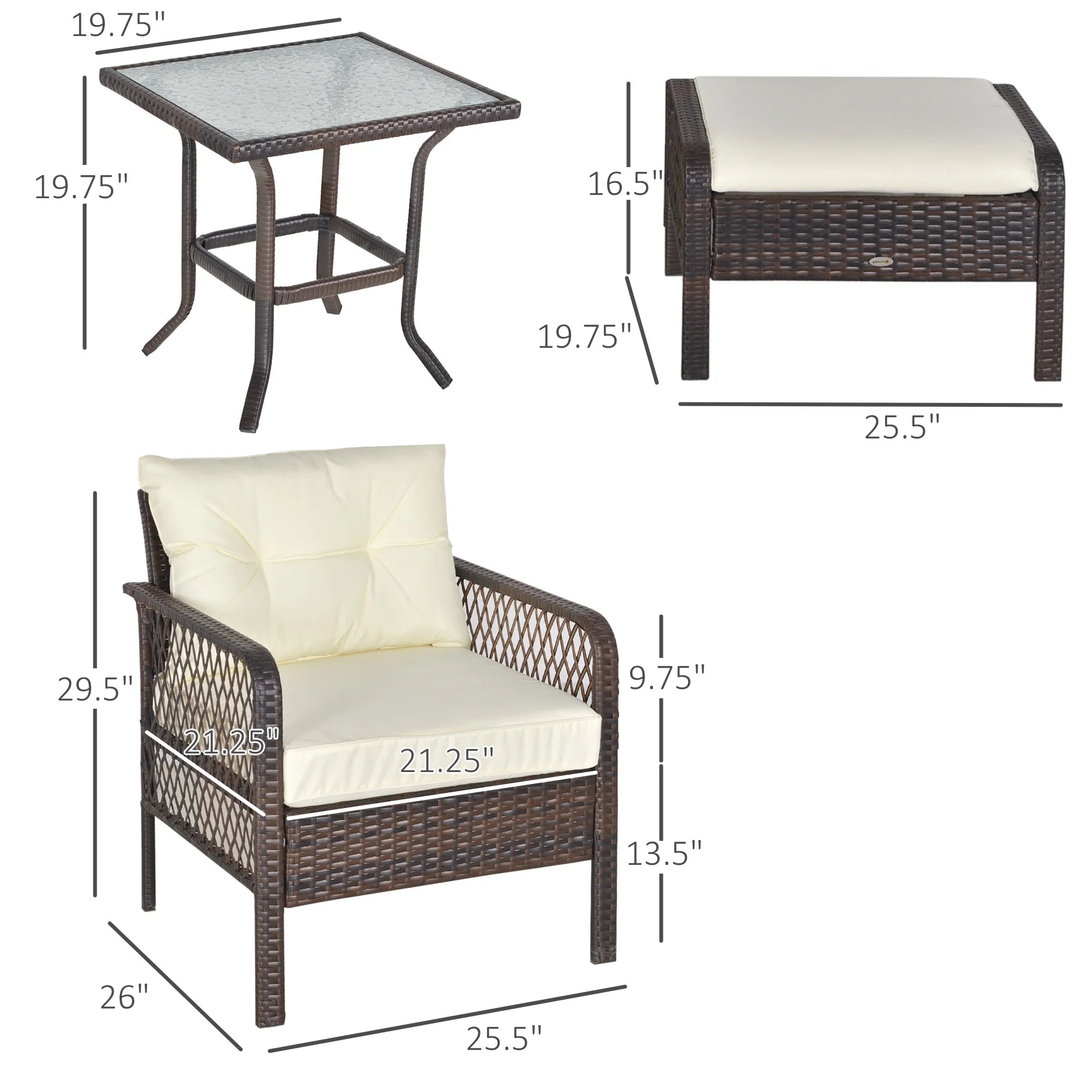 5pc PE Wicker Balcony Furniture Set with Ottomans, Steel, Cream C226