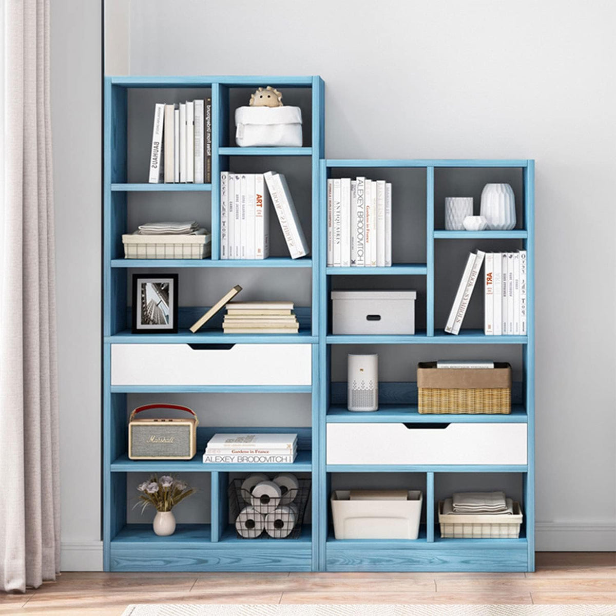Bright Blue 8 Cubes Wooden Bookcase with Drawer V44398