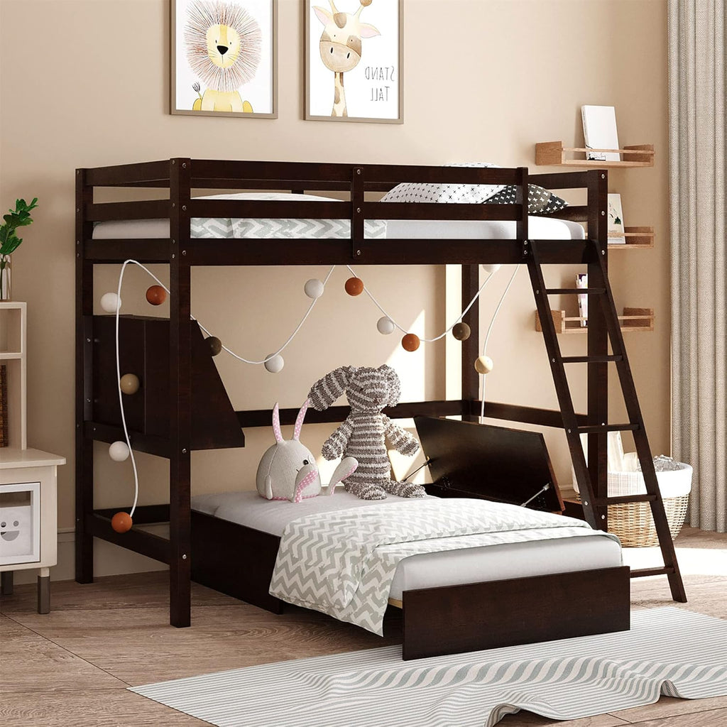 Espresso Wood Twin Loft Bed with Desk and Storage Drawers, Cabinet, Shelves J4884
