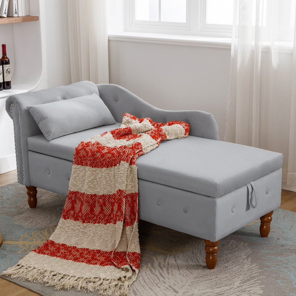 Grey Velvet Chaise Lounge with Storage & Pillow B399