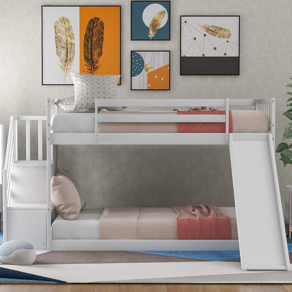 Twin Low Profile Bunk Beds with Slide and Staircase N46296