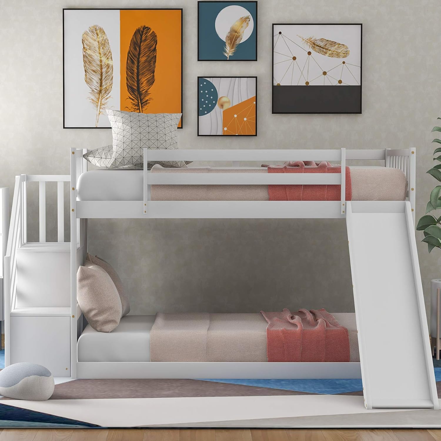 Twin Low Profile Bunk Beds with Slide and Staircase N46296