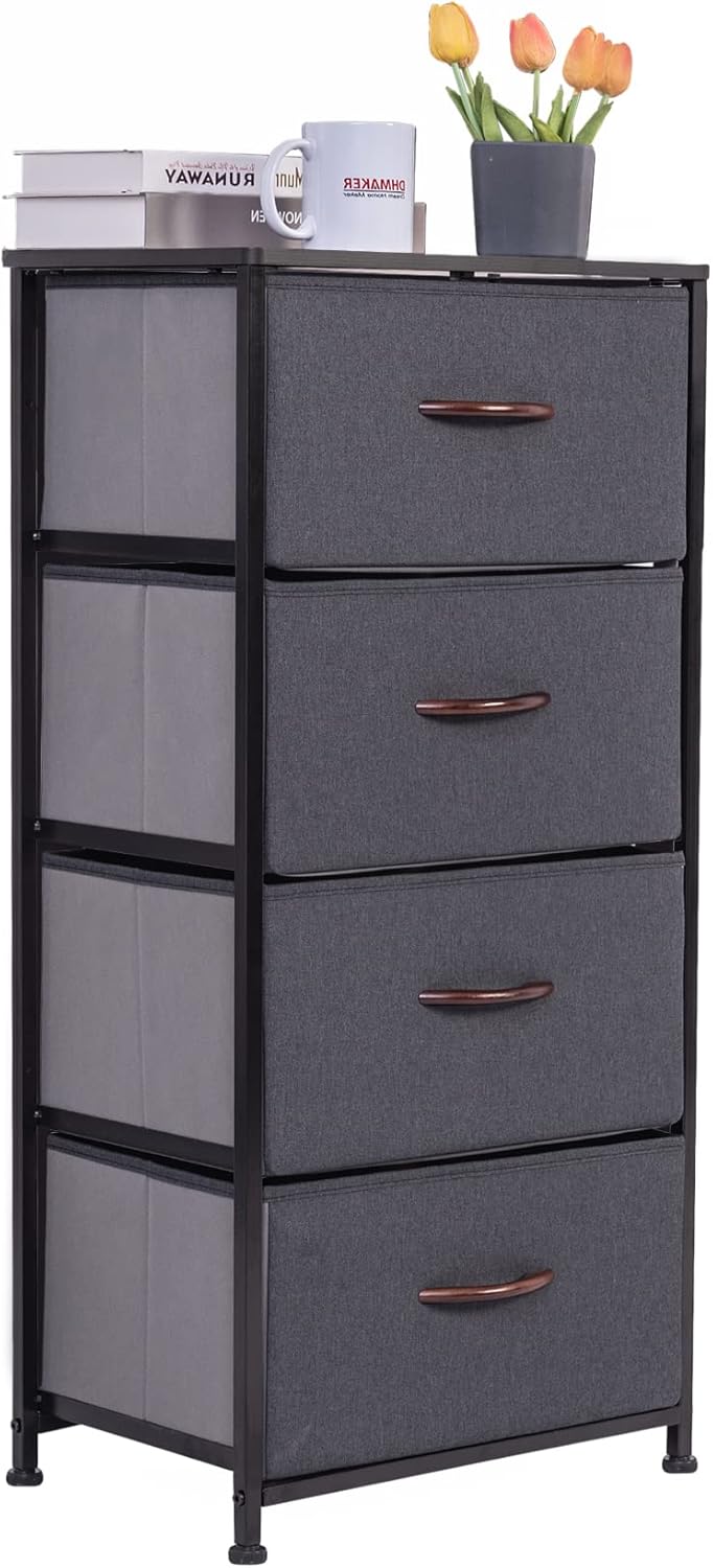 Vertical Dresser Storage Tower, Steel Frame, Wood Top, Fabric Bins, 4 Drawers, Brown L7718