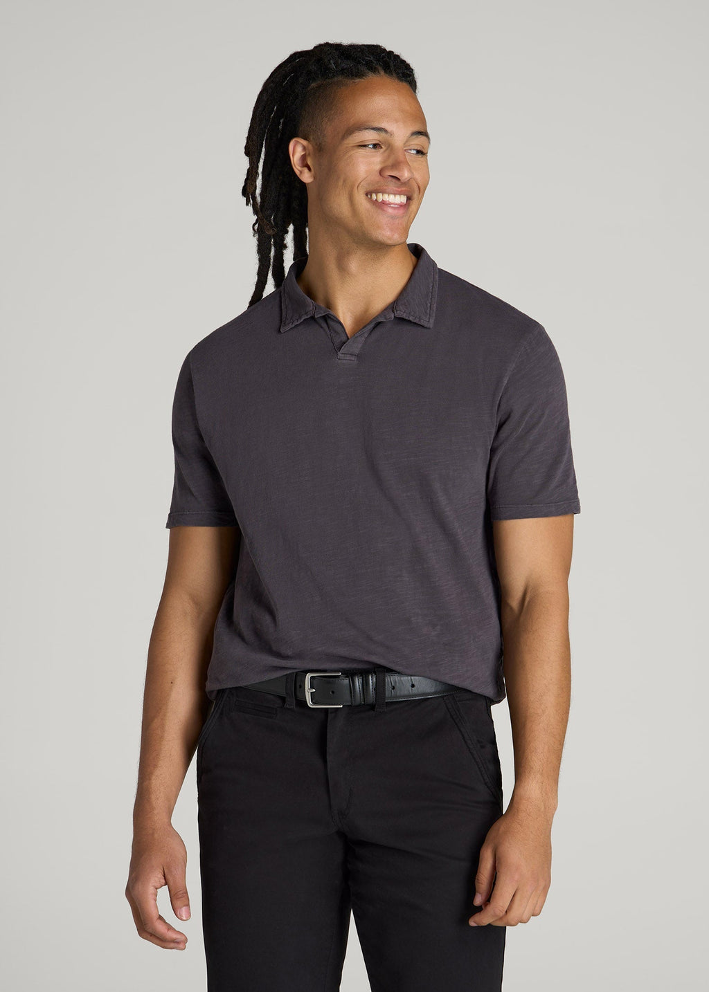 Slub Polo Shirt for Tall Men in Charcoal