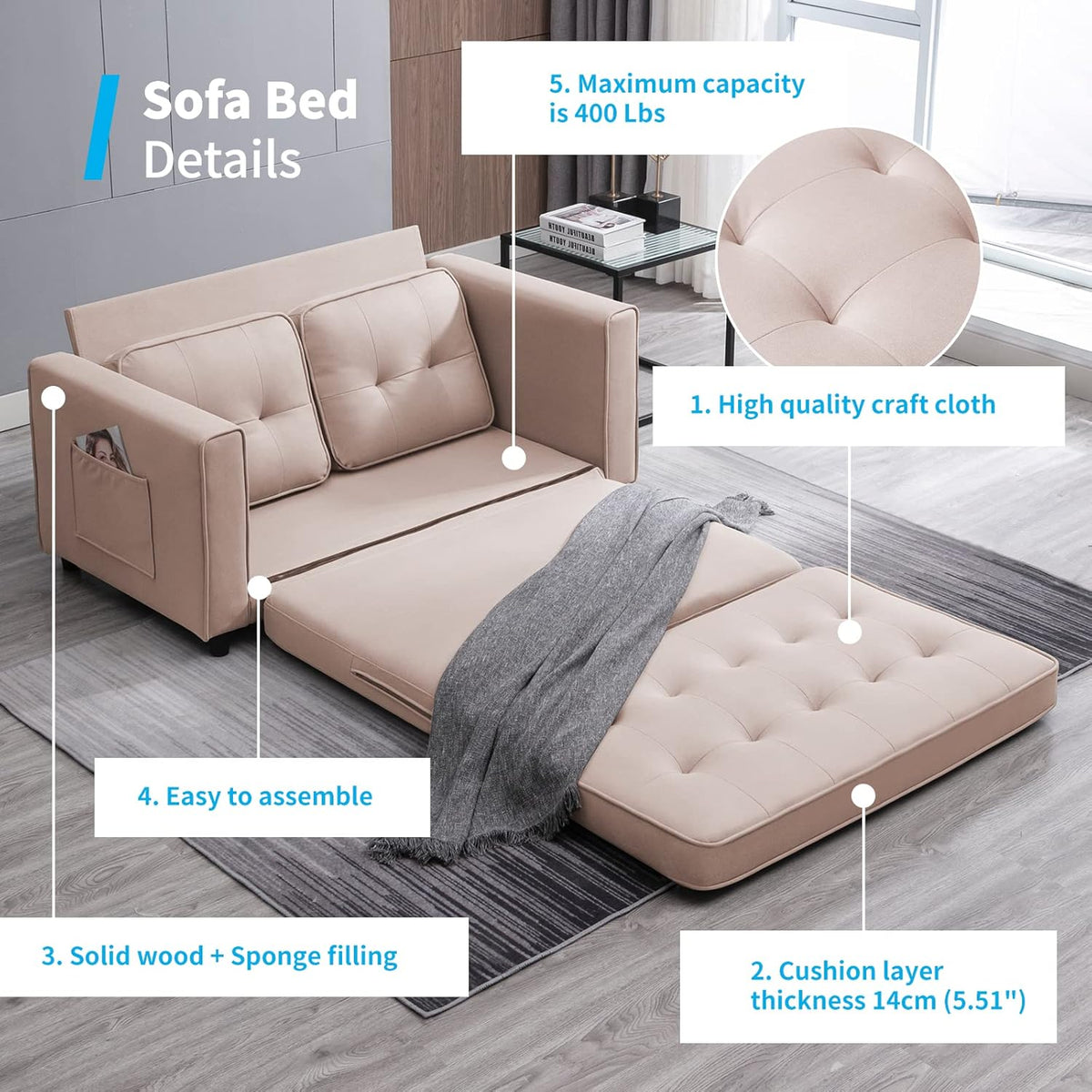 Beige 3-in-1 Convertible Pull Out Sofa Bed K462