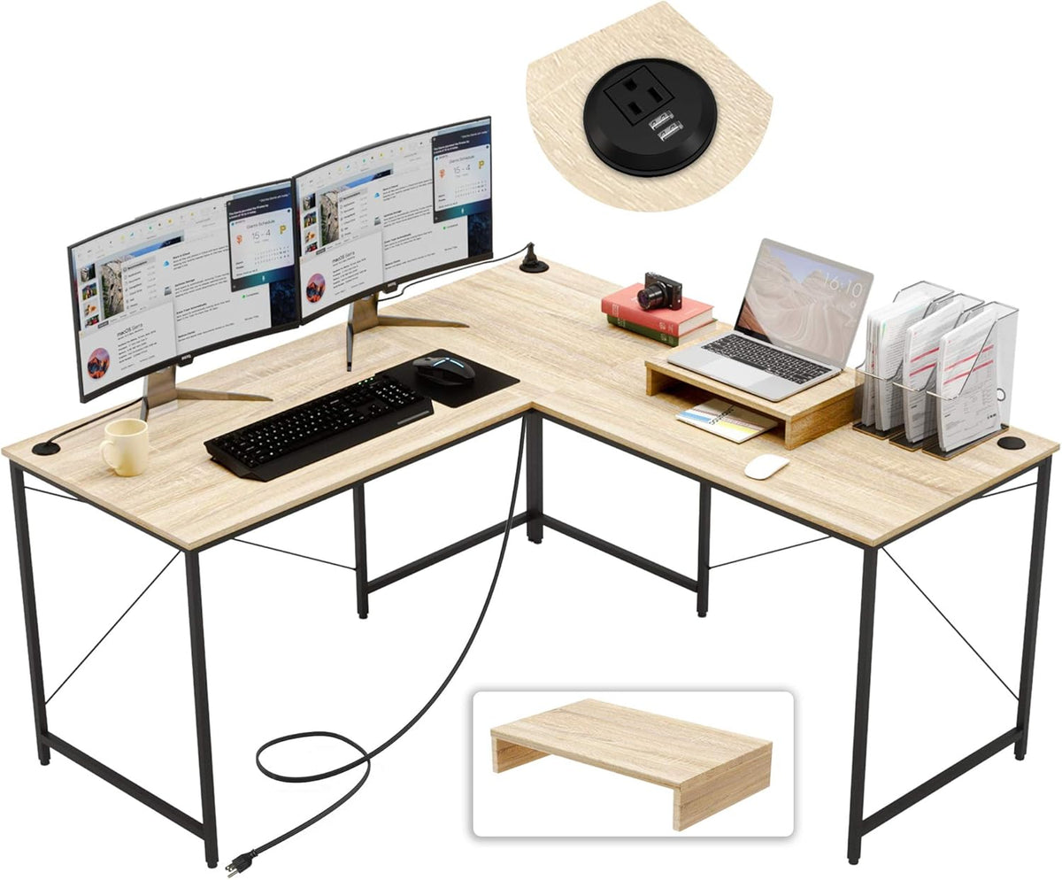 95.2 Inch L Shaped Desk with Power Outlet, Brown G152959