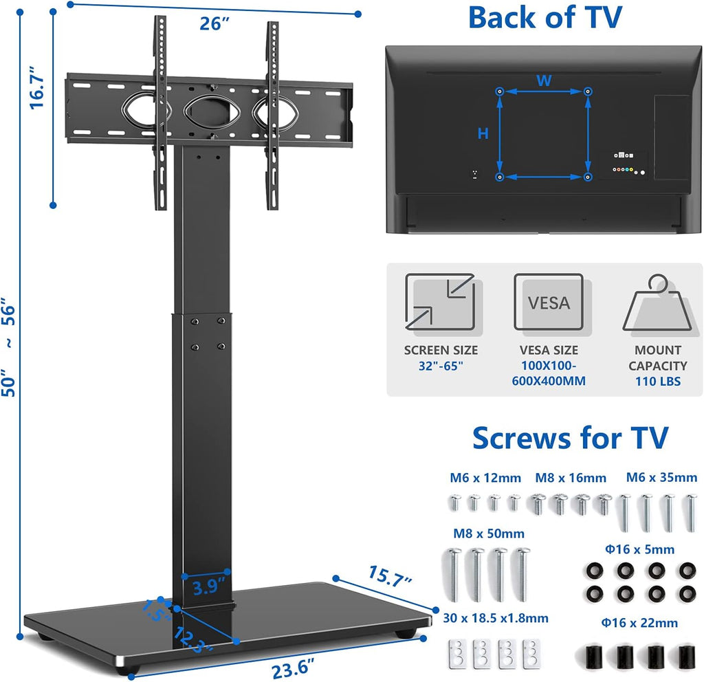 Black Swivel Floor TV Stand for 32-65 inch TVs, VESA 600x400mm U3696