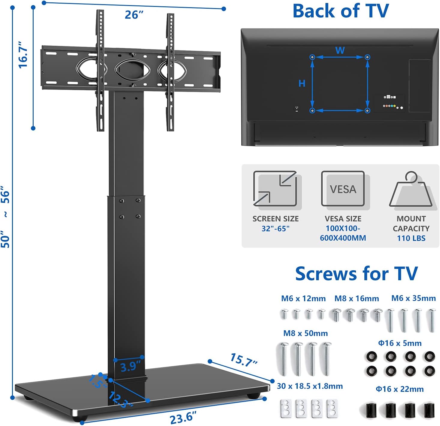 Black Swivel Floor TV Stand for 32-65 inch TVs, VESA 600x400mm U3696