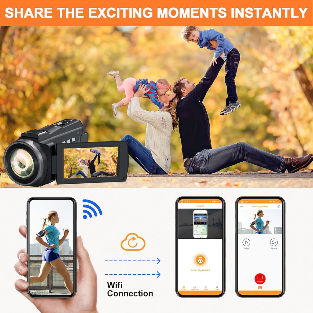 4K Video Camera Camcorder with Anti-Shake, 48MP WiFi 3 Inch IPS Touch Screen 16X Zoom Digital Camera Recorder with IR Night Version, Battery Charger, Microphone T47128