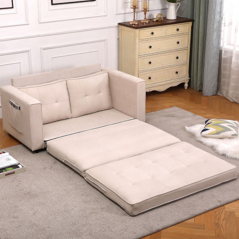 Beige Linen Folding Sofa Bed with Two Storage Pockets Y581894