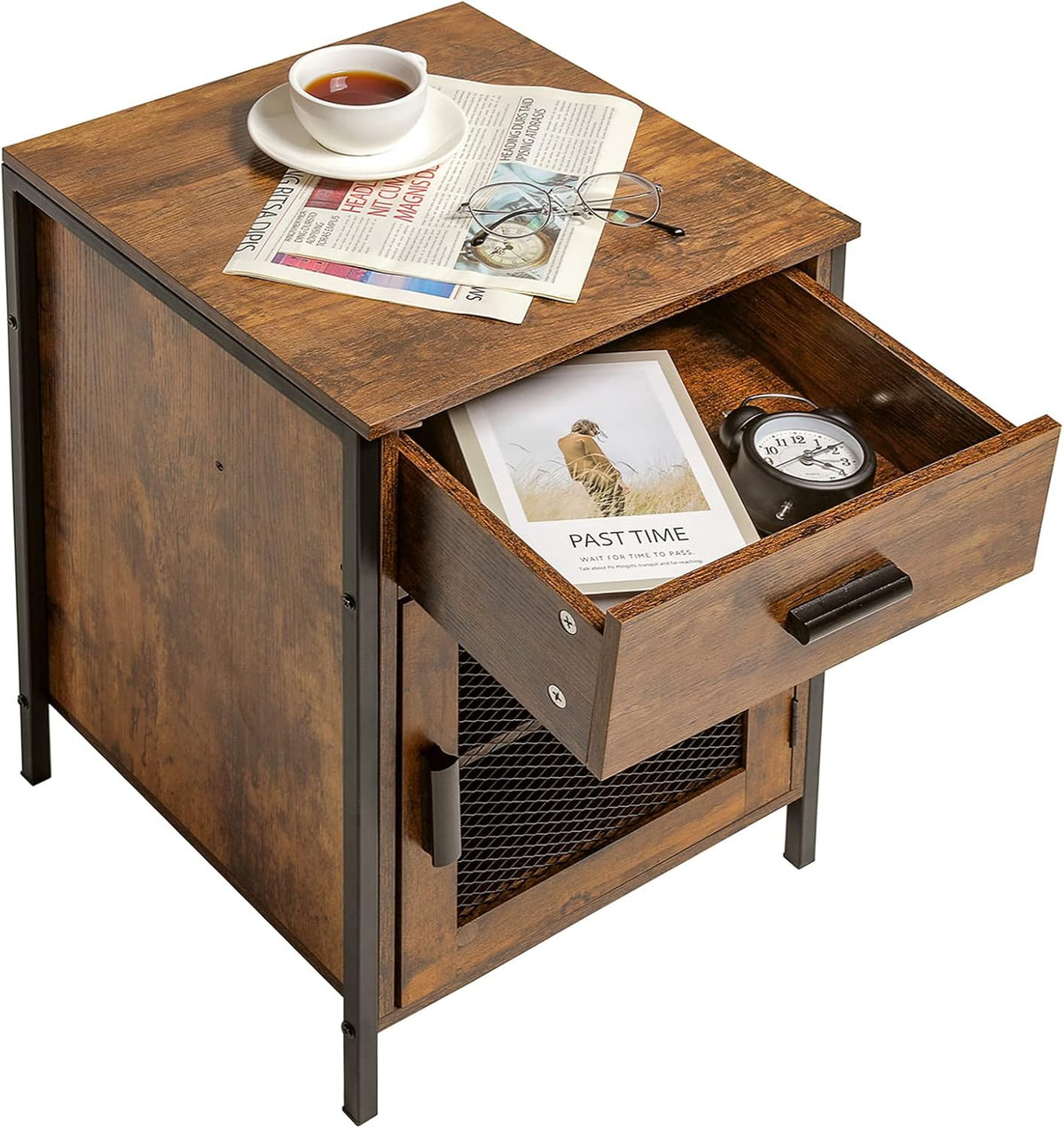 Rustic Brown End Table with Drawer and Mesh Door V549145