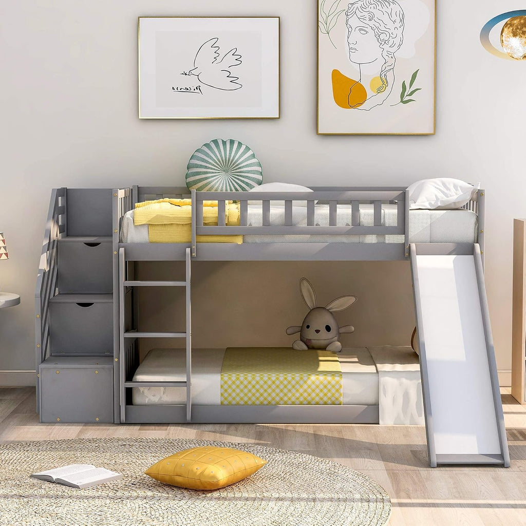 Twin Low Profile Bunk Beds with Slide and Staircase N46296