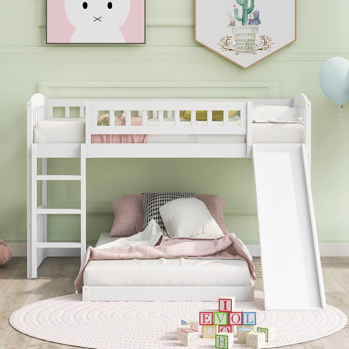 Twin Low Profile Bunk Beds with Slide and Staircase N46296