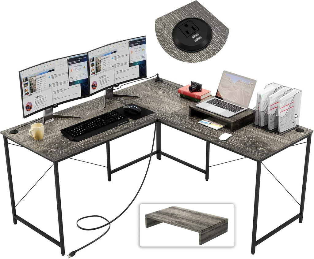 95.2 Inch L Shaped Desk with Power Outlet, Brown G152959