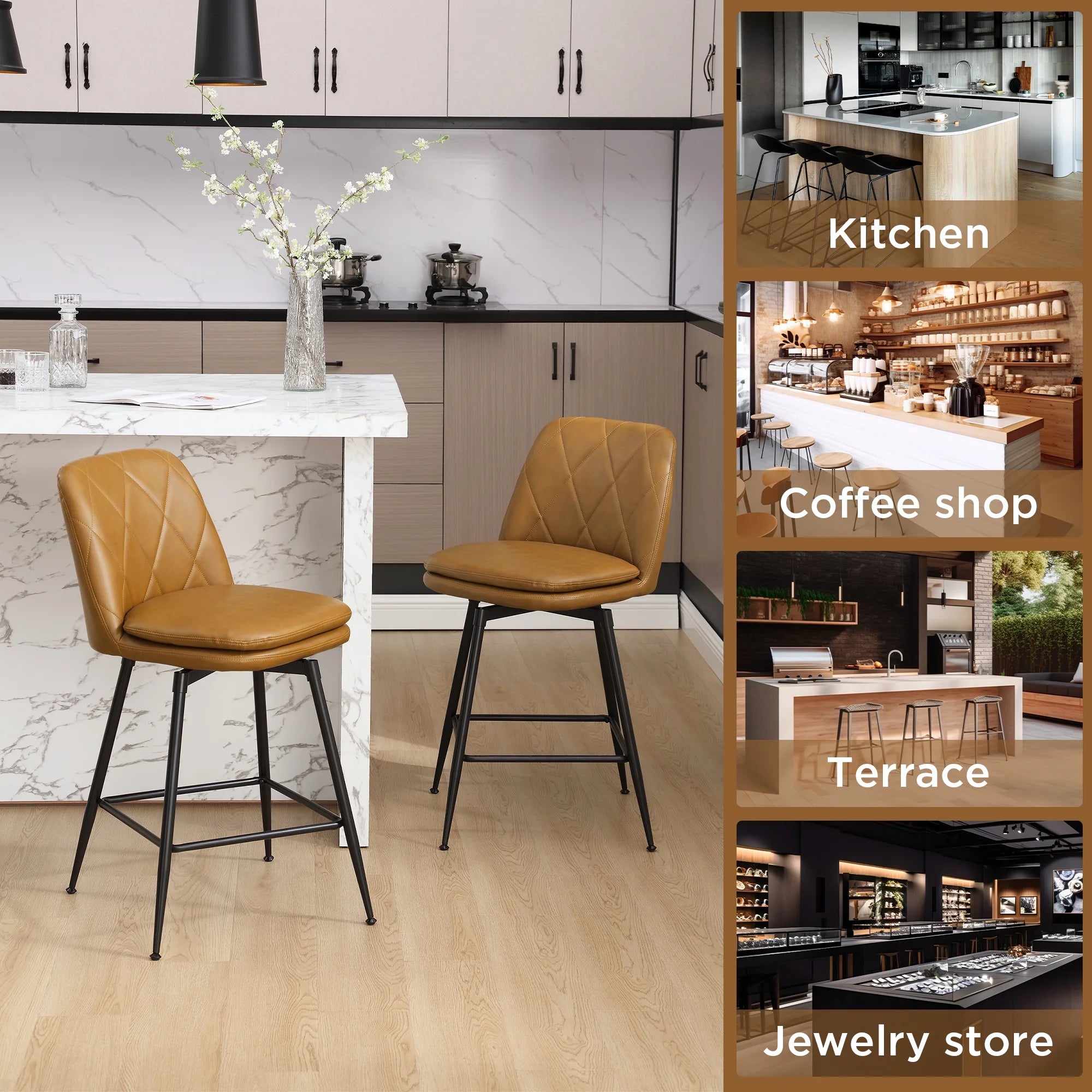 Brown Faux Leather Swivel Counter Height Bar Stools Set of 4 T94677