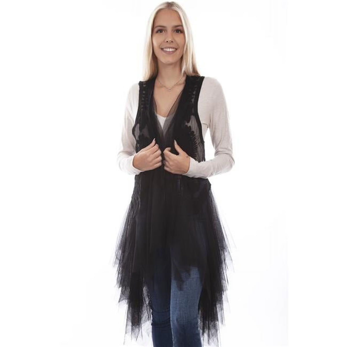 Black Embroidered Tulle Layered Duster C747