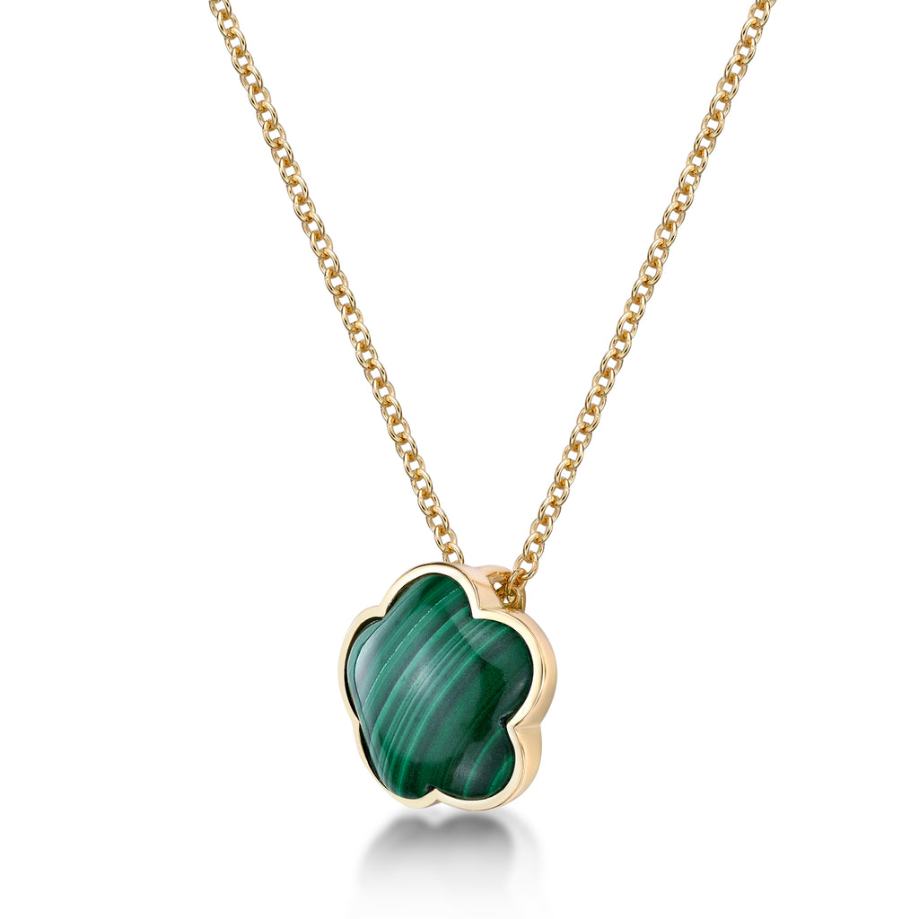 Green Malachite Five Petal Flower Pendant Necklace in 925 Sterling Silver with Yellow Gold Plating on 18 Inch Chain with Spring Ring V494906