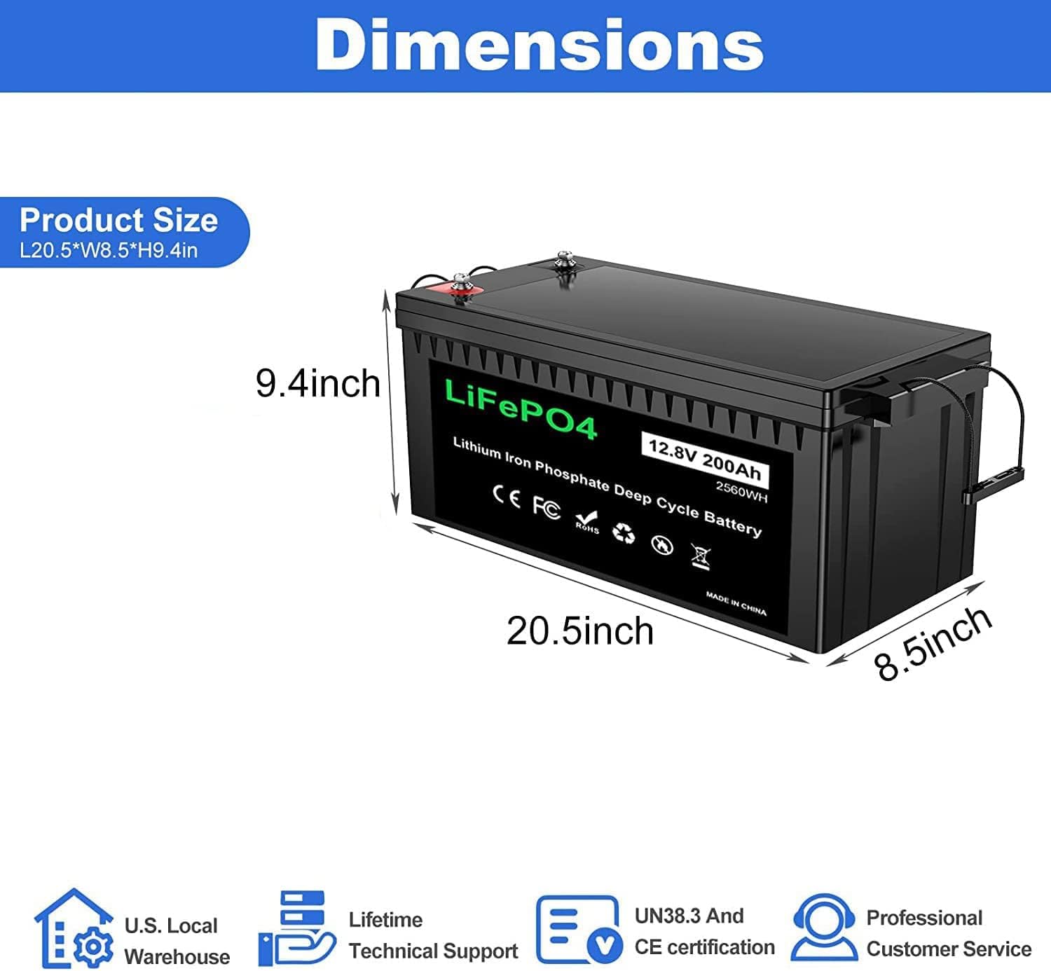 12V 200Ah Plus Lithium Battery, LiFePO4 RV Deep Cycle Rechargeable Battery, Built-in 200A BMS C862
