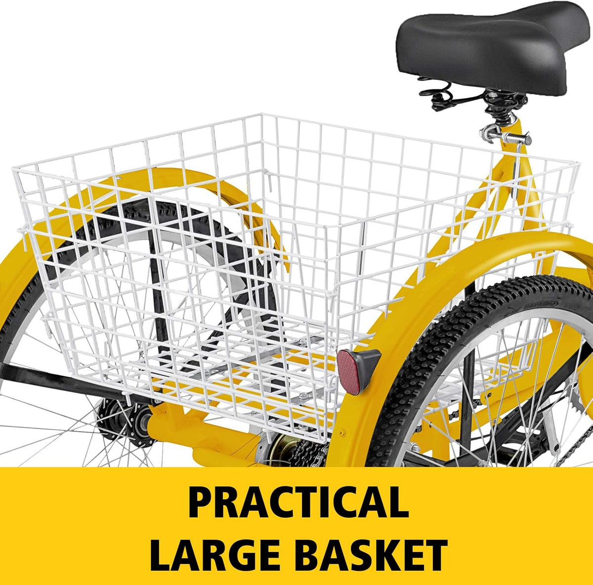 Adult Tricycle 20 inch, Three Wheel Bikes 7 Speed, Yellow Tricycle with Bell Brake System, Cargo Basket Z395064