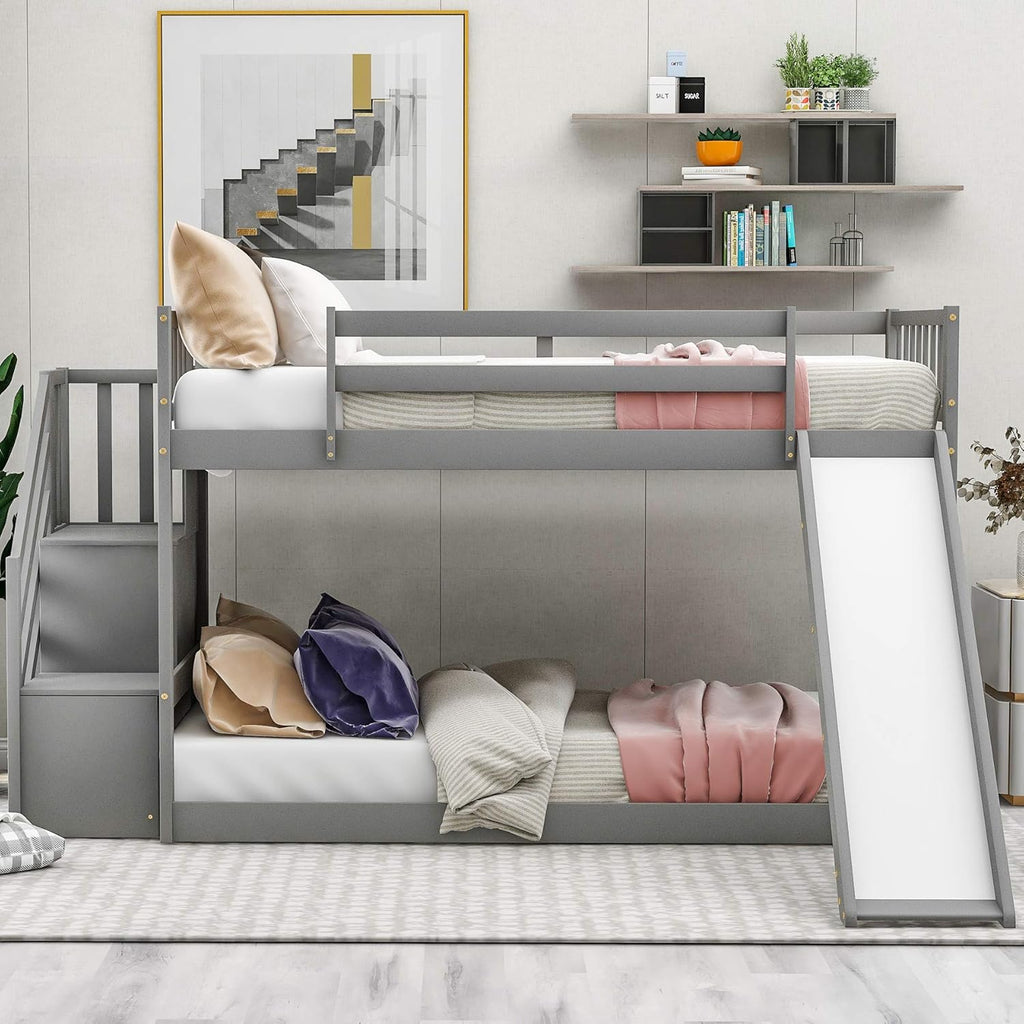 Twin Low Profile Bunk Beds with Slide and Staircase N46296