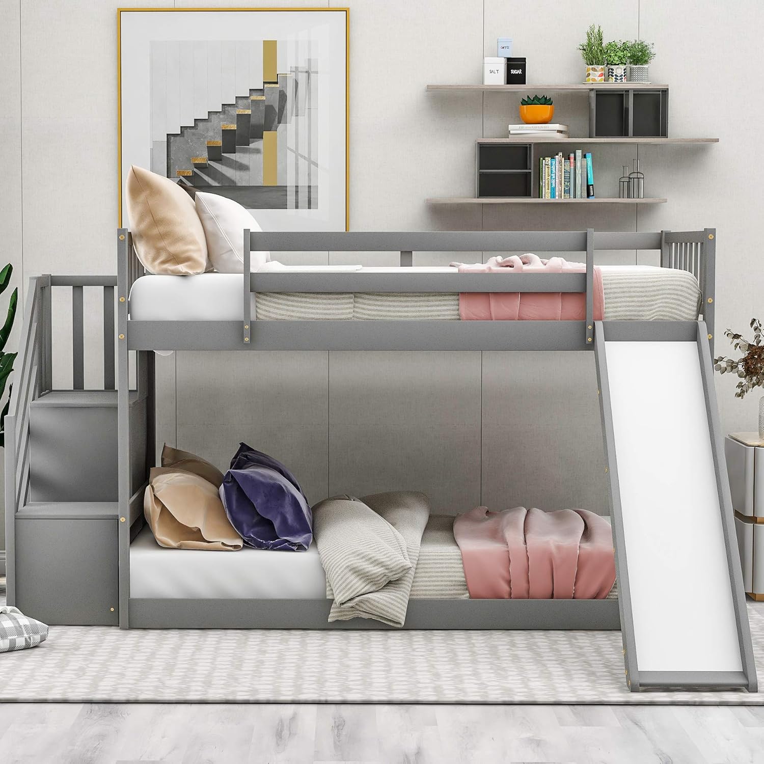 Twin Low Profile Bunk Beds with Slide and Staircase N46296