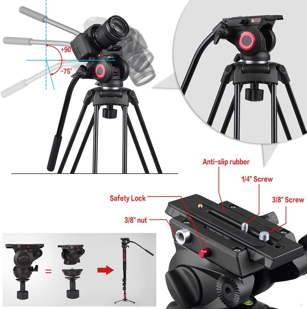 Heavy Duty Aluminum Fluid Head Video Tripod with Ground Spreader Q9196
