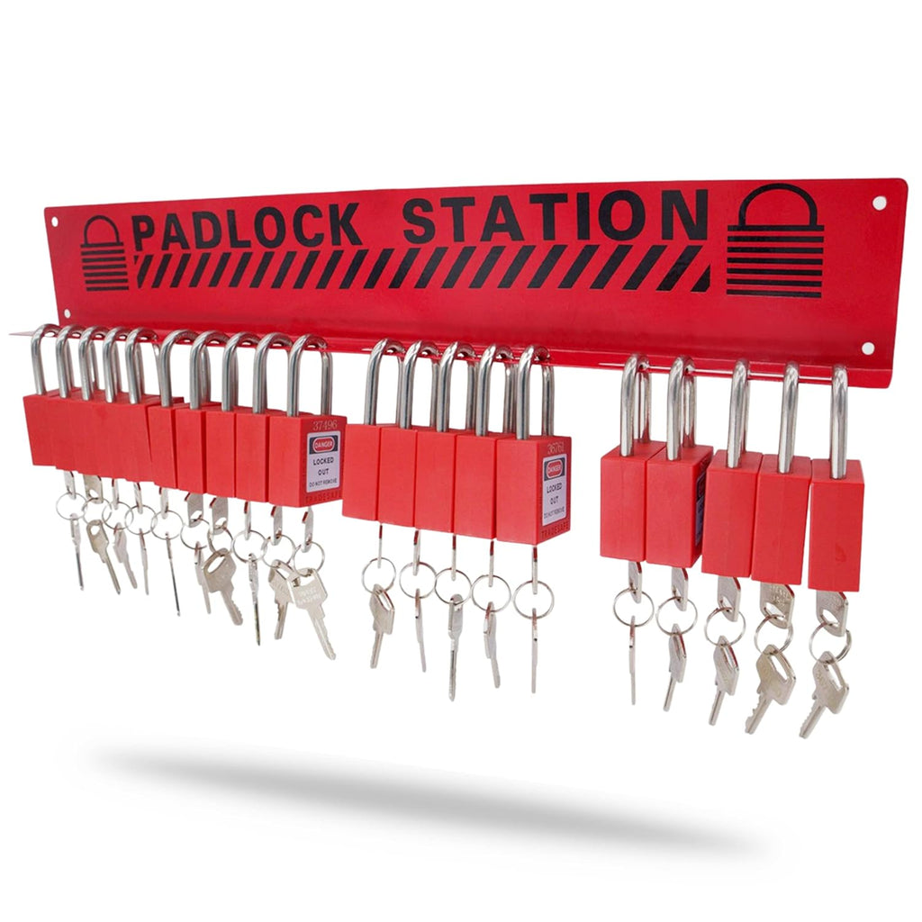 Safety Locks Station with 20 Padlocks, Impact-Resistant Carbon Steel Body J975659