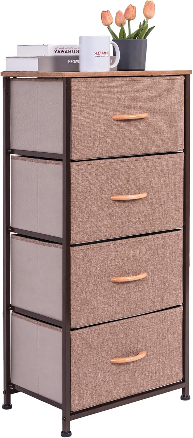 Vertical Dresser Storage Tower, Steel Frame, Wood Top, Fabric Bins, 4 Drawers, Brown L7718