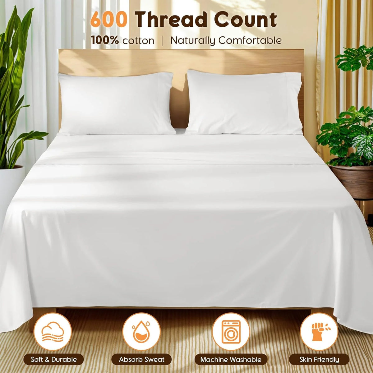 Queen Size 600 Thread Count 4 Piece Cotton Sheets Set X904080