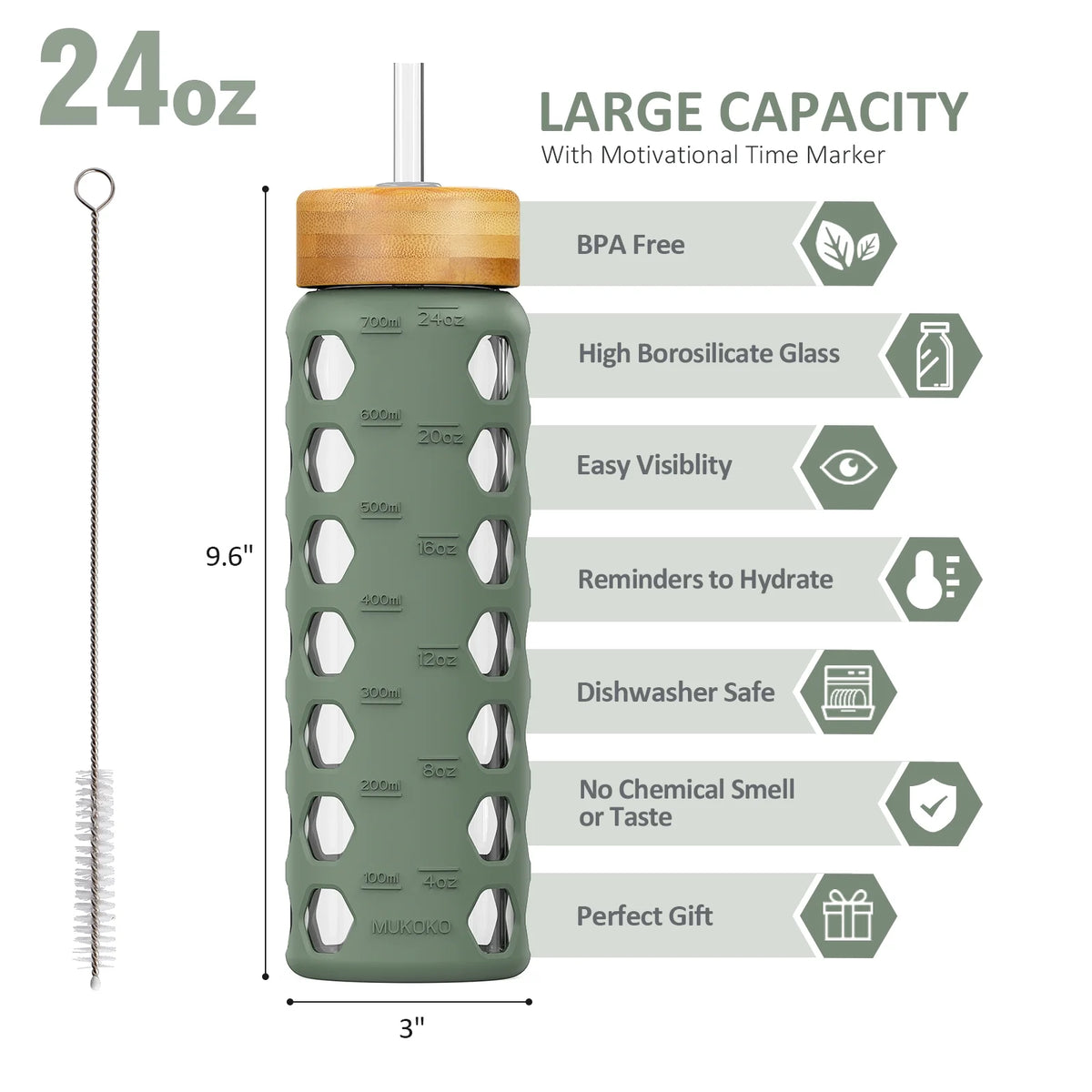24oz Glass Water Bottle with 2 Lids and Silicone Sleeve E72335