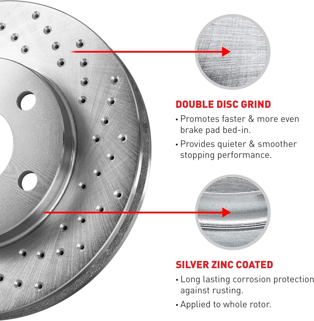 Silver Zinc Cross Drilled Brake Rotors Kit with Semi-Metallic Brake Pads H52924