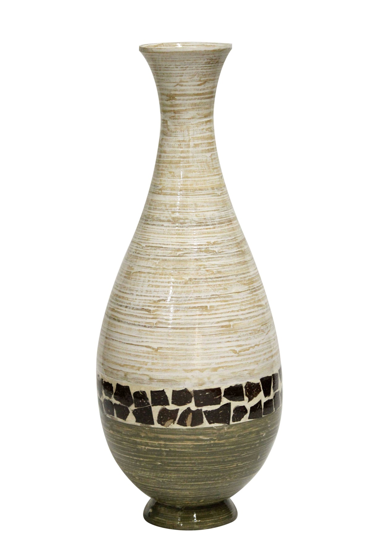 Distressed White Green Spun Bamboo Floor Vase F27490