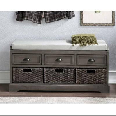 Gray Wood Storage Bench with 3 Drawers and 3 Baskets D3746
