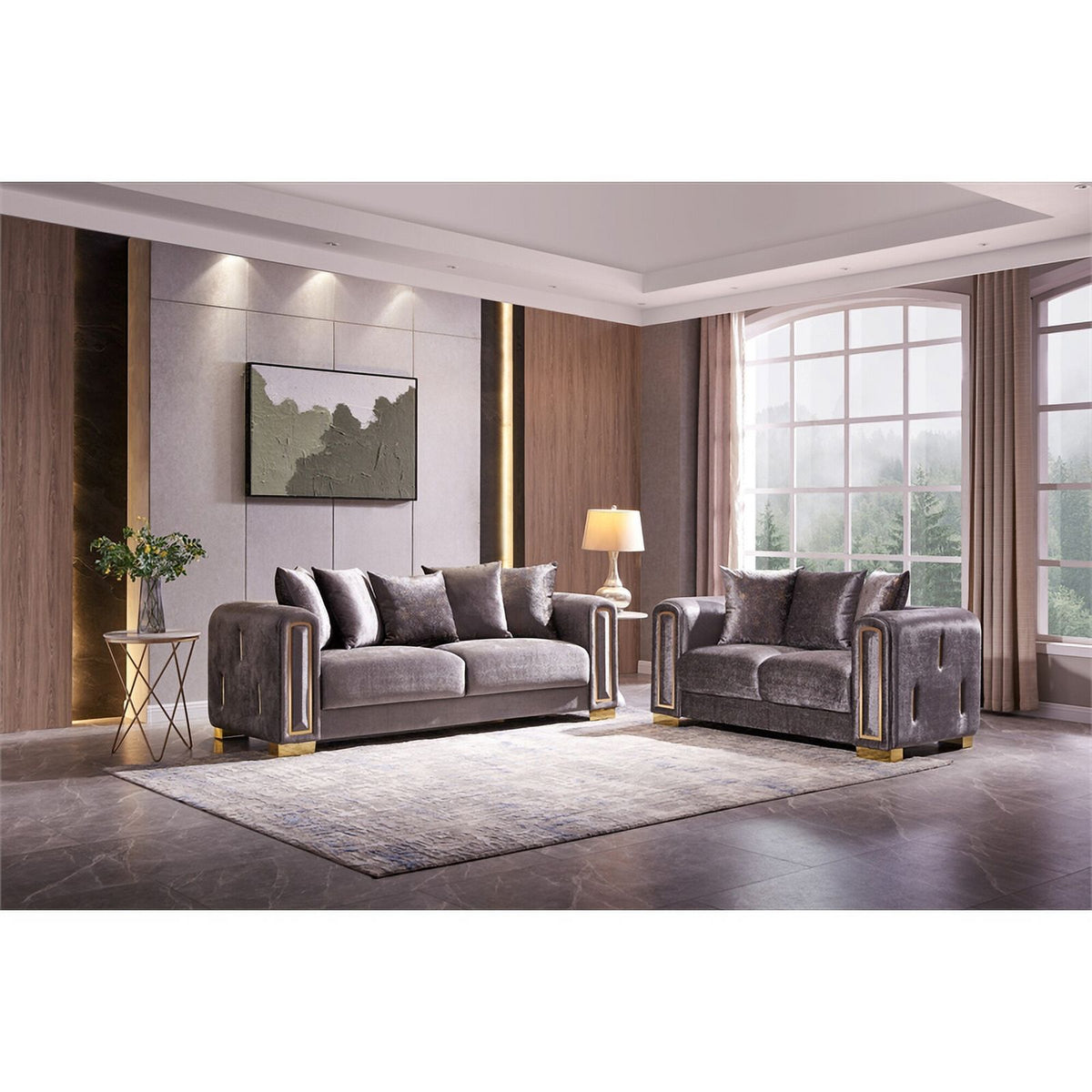 Gray Velvet 2Pc Living Room Set With Wood D30999