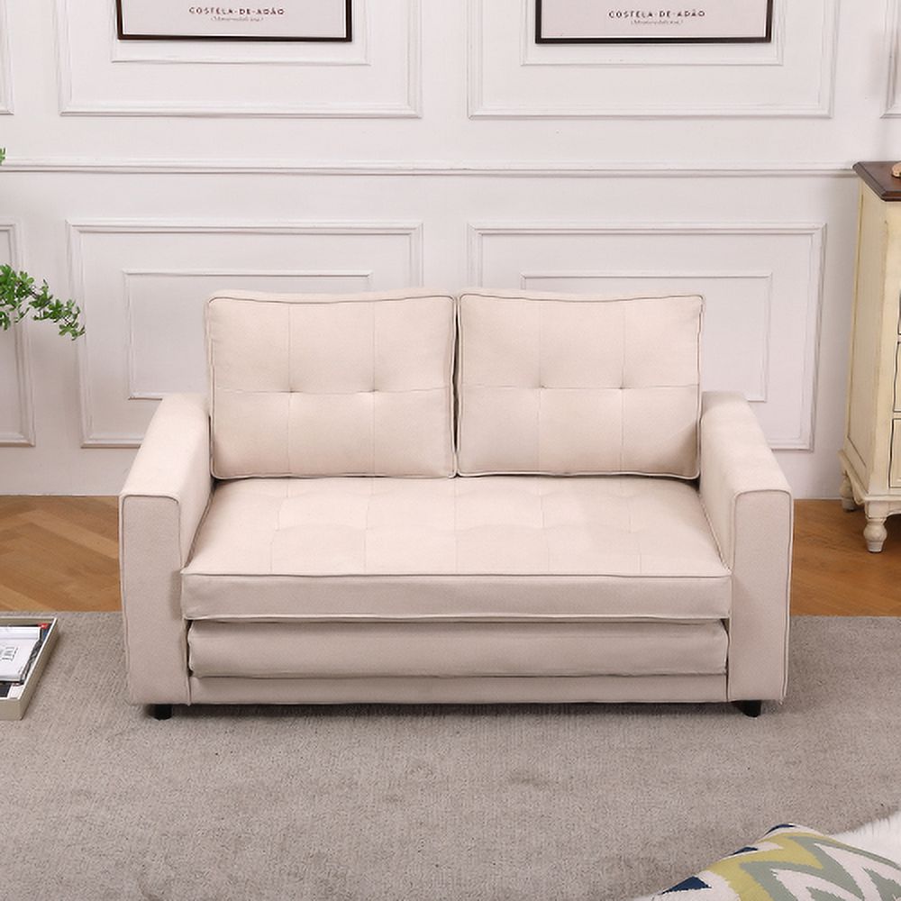 Beige Linen Folding Sofa Bed with Two Storage Pockets Y581894