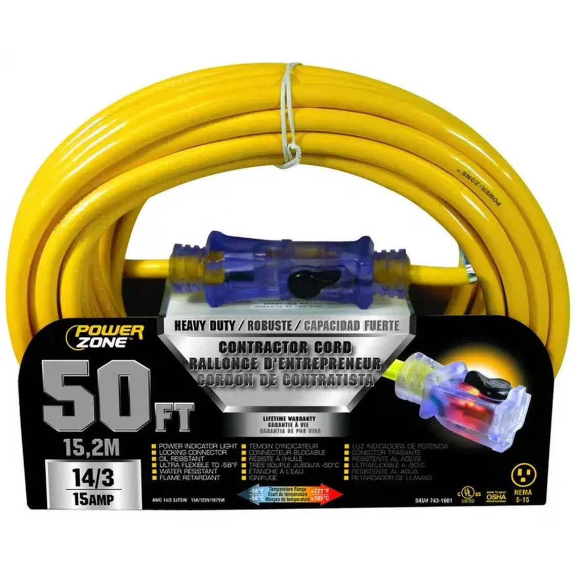 Contractor Cord, 14 Awg Cable, 50 Feet, 125 V, Yellow H583244