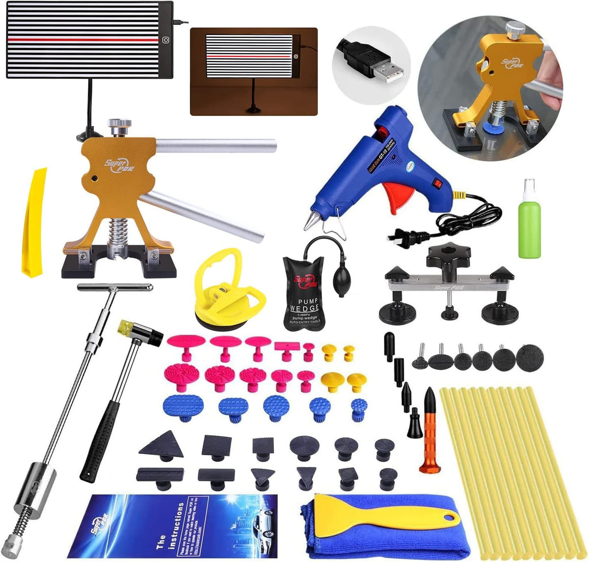 68 Pcs Auto Body Paintless Dent Removal Tools Kit LED Reflect Light Board Dent Lifter Bridge Puller Set D97335