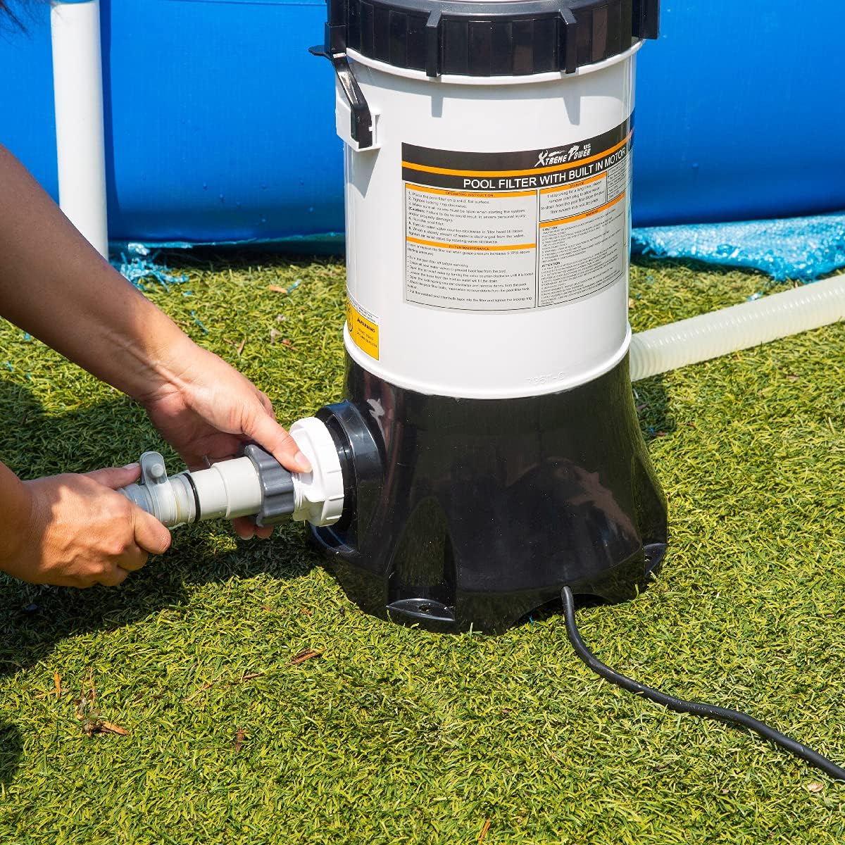 White/Black Above Ground Pool Cartridge Filter System with Built-in Pump D265888