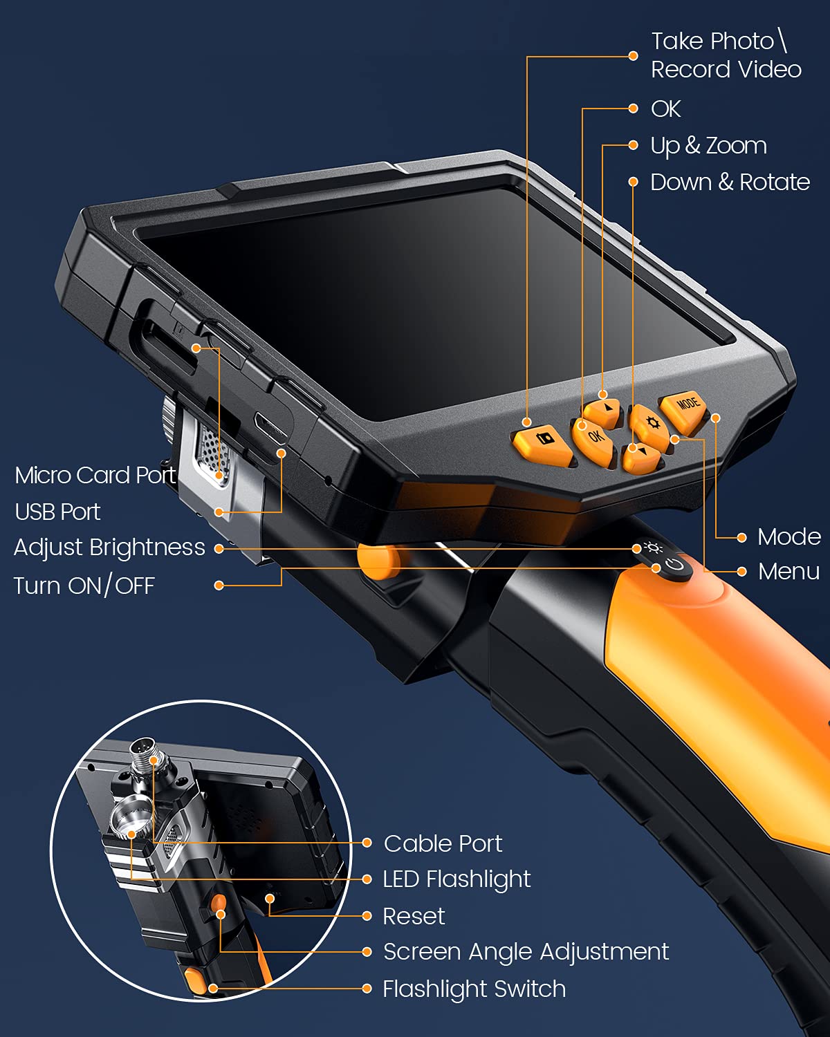 16.4ft Waterproof Flexible Borescope Inspection Camera with Light I44413