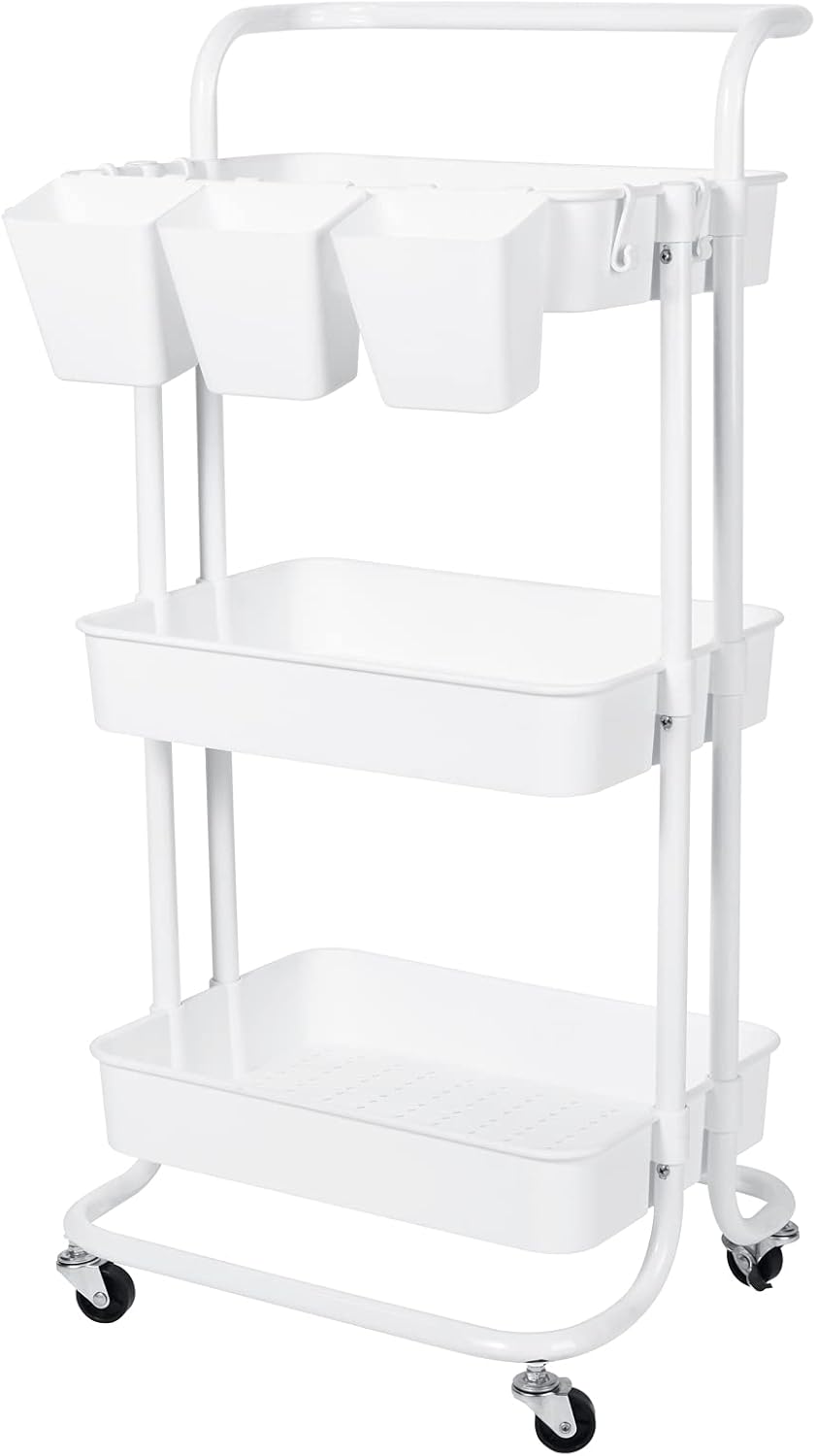 White 3-Tier Rolling Utility Cart with Lockable Wheels I80495