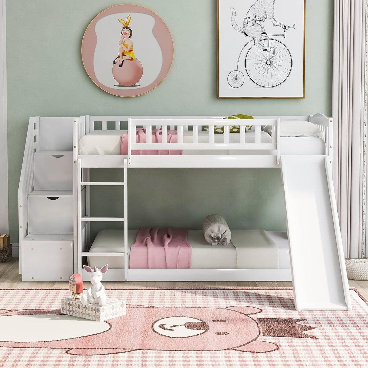 Twin Low Profile Bunk Beds with Slide and Staircase N46296