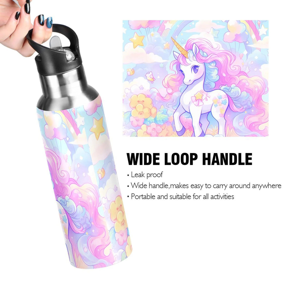 Unicorn Rainbow Stainless Steel Insulated Water Bottle with Straw Lid I767