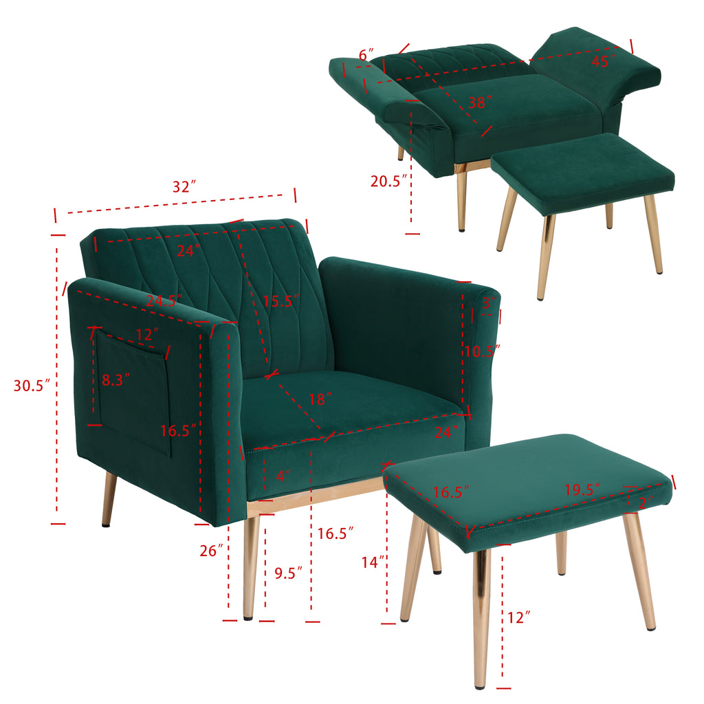 Velvet Accent Chair with Ottoman Set, Gold Legs, Upholstered Single Sofa A58544