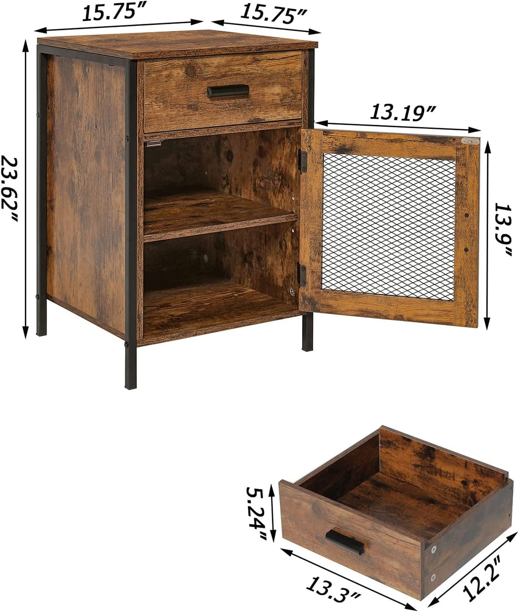 Rustic Brown End Table with Drawer and Mesh Door V549145
