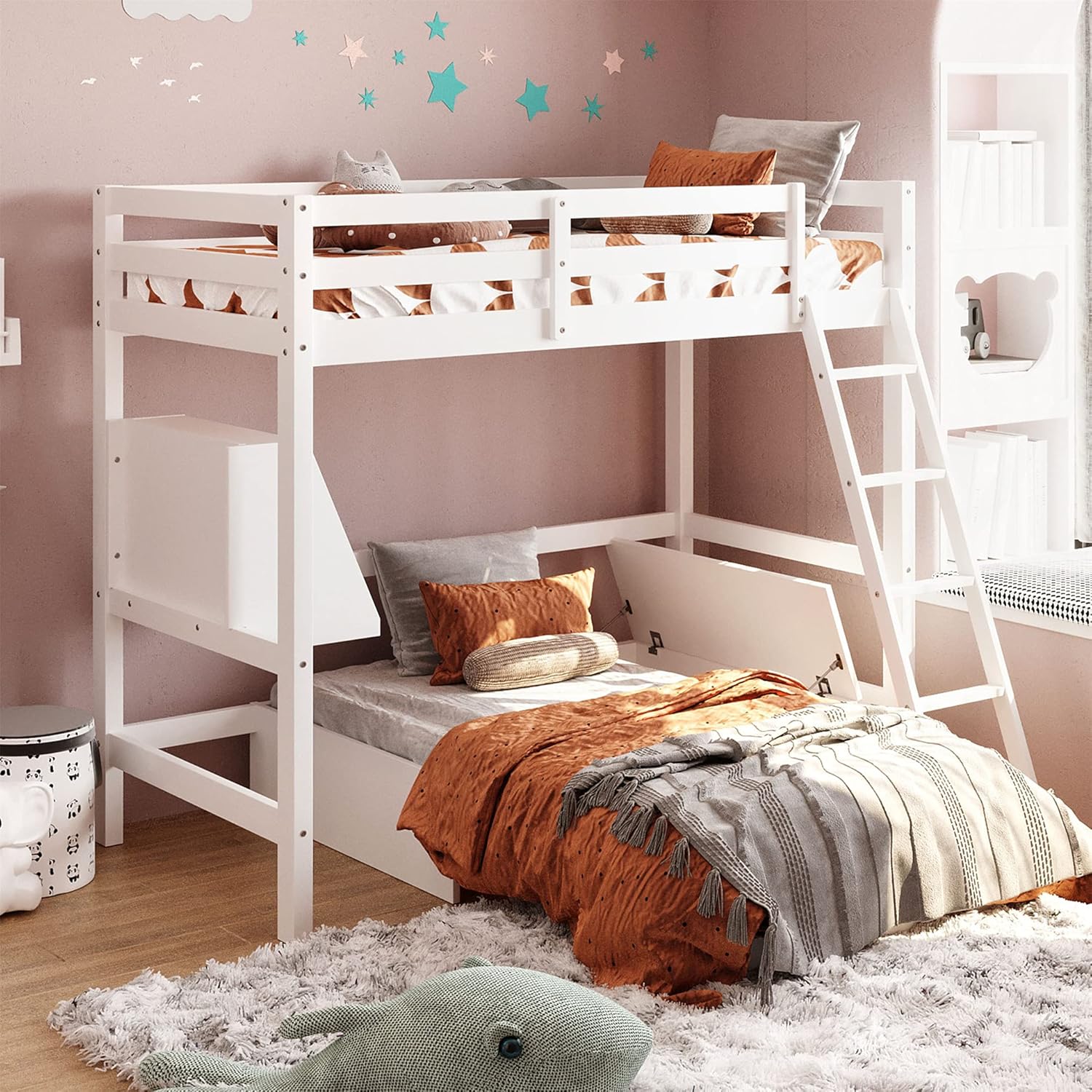 Espresso Wood Twin Loft Bed with Desk and Storage Drawers, Cabinet, Shelves J4884