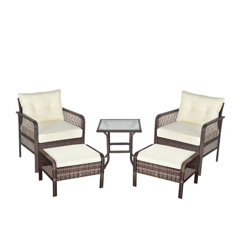 5pc PE Wicker Balcony Furniture Set with Ottomans, Steel, Cream C226