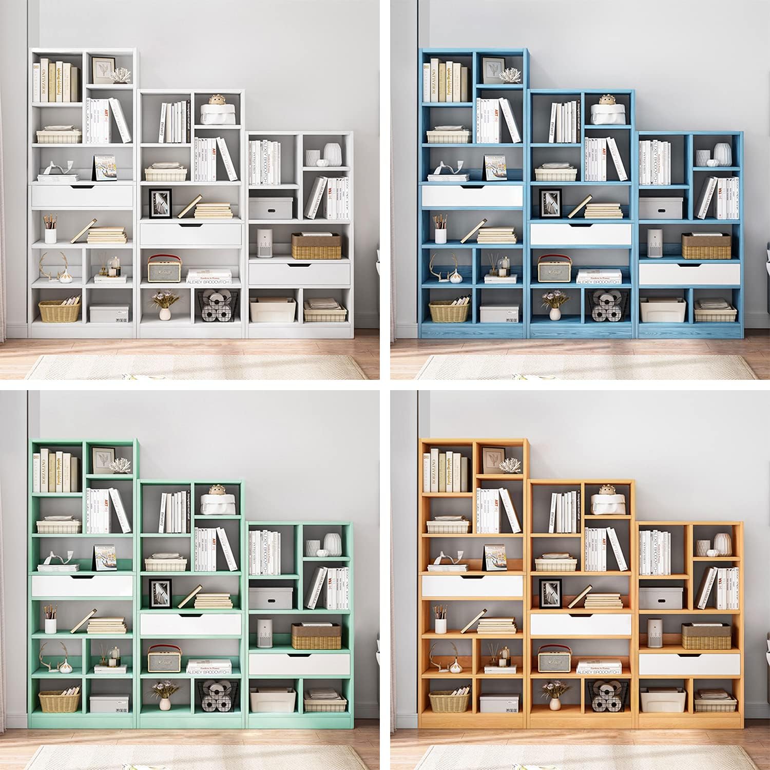 Bright Blue 8 Cubes Wooden Bookcase with Drawer V44398