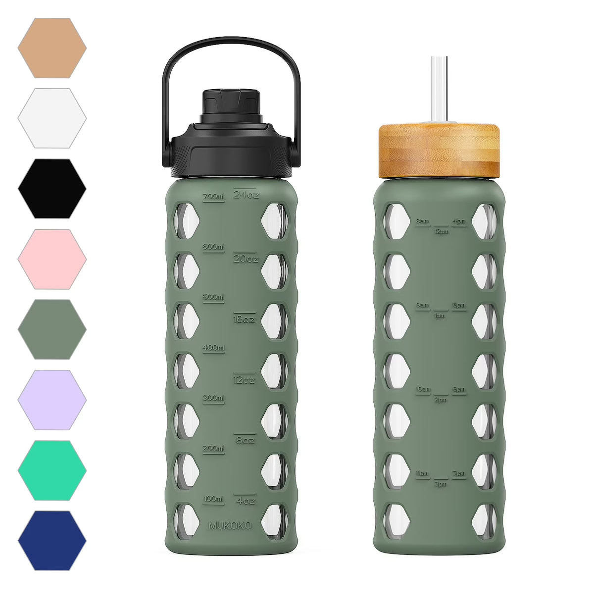 24oz Glass Water Bottle with 2 Lids and Silicone Sleeve E72335