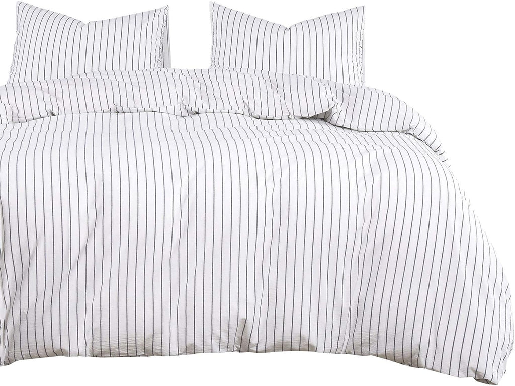 Gray Striped King Size 3pcs Washed Cotton Duvet Cover Set with Zipper Closure F599198